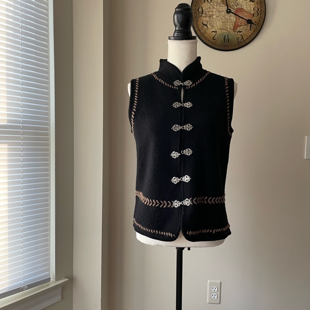 Vintage Tully 100% Wool Vest With Embroidery On Neck, Sleeves and Hem